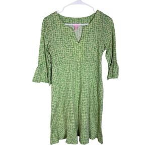 Lilly Pulitzer Tosha Green and White Cotton 3/4 Bell Sleeve Knee Length Dress XS